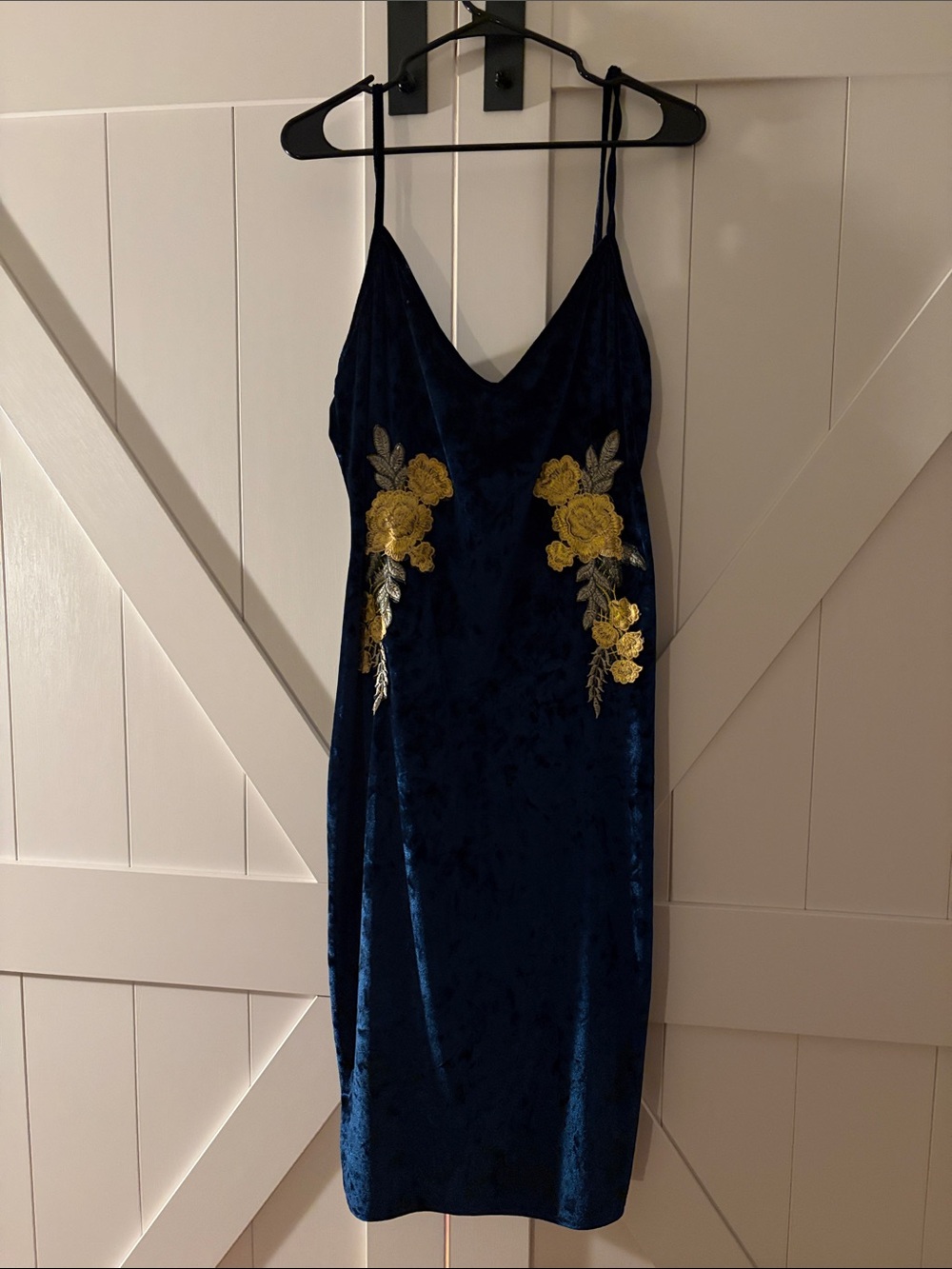 Crushed Velvet Midi Slip Dress with Gold Floral Embroidery